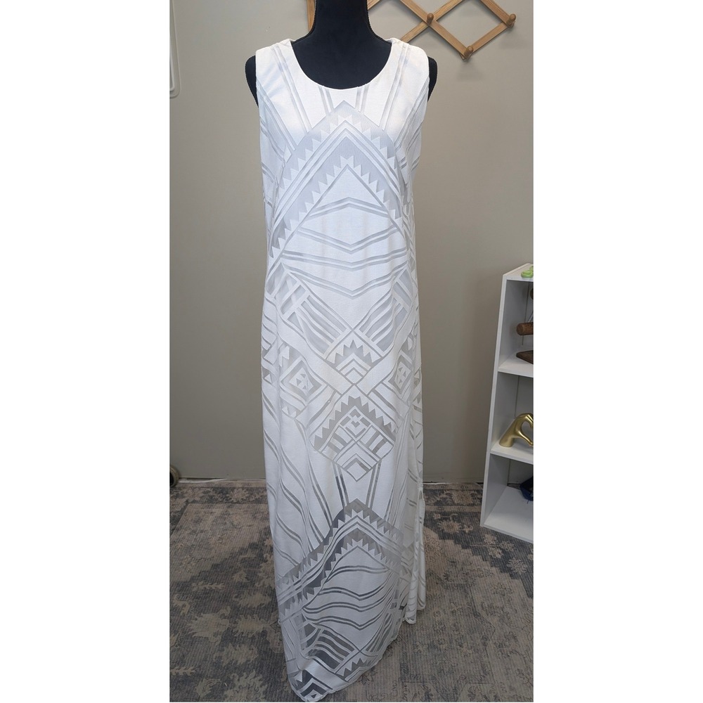 Chicos White Burnout Geometric Sleeveless Maxi Dress Size 2 L Large Side Slit